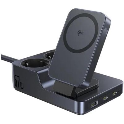 Baseus Stacja ładująca NOMOS ND11 67W 6w1 bezprzewodowa z dwoma gniazdami AC - czarna, Wireless Charger, Schwarz Baseus Stacja ładująca NOMOS ND11 67W 6w1 bezprzewodowa z dwoma gniazdami AC - czarna, Wireless Charger, Schwarz