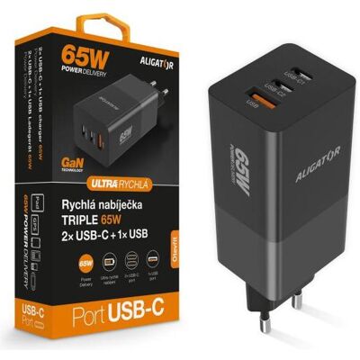 Aligator Schnellladegerät GaN / PD 65W / 2xUSB-C / 1xUSB-A / schwarz (65 W, 3 Ports), USB Ladegerät, Schwarz Aligator Schnellladegerät GaN / PD 65W / 2xUSB-C / 1xUSB-A / schwarz (65 W, 3 Ports), USB Ladegerät, Schwarz