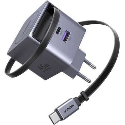 Ugreen Wall GaN Charger- Retractable Cable (45 W, 3 Ports), USB Ladegerät, Grau Ugreen Wall GaN Charger- Retractable Cable (45 W, 3 Ports), USB Ladegerät, Grau