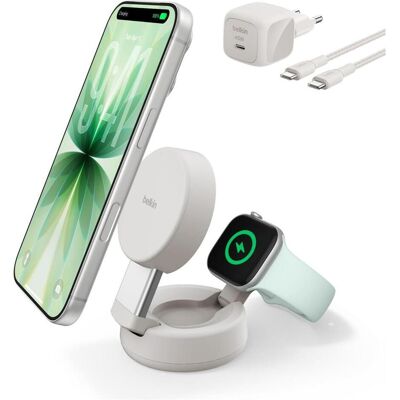 Belkin UltraCharge Pro Qi2 25 Watt 2-in-1 Ladestation (25 W), Wireless Charger, Beige Belkin UltraCharge Pro Qi2 25 Watt 2-in-1 Ladestation (25 W), Wireless Charger, Beige