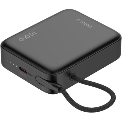 Deltaco Power bank 10 000 mAh, built-in fabric cable, PD 20 W, black (10000 mAh, 15 W, 38.50 Wh), Powerbank, Schwarz Deltaco Power bank 10 000 mAh, built-in fabric cable, PD 20 W, black (10000 mAh, 15 W, 38.50 Wh), Powerbank, Schwarz
