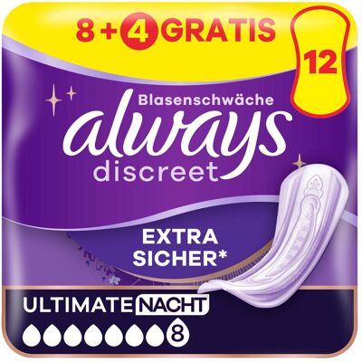 Always, Inkontinenzhygiene, Discreet Inkontinenz, Ultimate Nacht 8+4 GRATIS Inkontinenz-Höschen Always, Inkontinenzhygiene, Discreet Inkontinenz, Ultimate Nacht 8+4 GRATIS Inkontinenz-Höschen