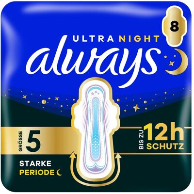Always, Binden, Ultra Binde - Grösse 5 - Secure Night Extra mit Flügeln 8 Damenbinde 8 Stück (8x) Always, Binden, Ultra Binde - Grösse 5 - Secure Night Extra mit Flügeln 8 Damenbinde 8 Stück (8x)