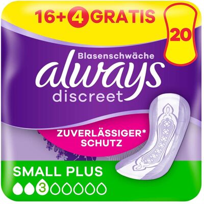 Always, Inkontinenzhygiene, Discreet Inkontinenz, Small Plus 16+4 GRATIS Inkontinenz-Höschen Always, Inkontinenzhygiene, Discreet Inkontinenz, Small Plus 16+4 GRATIS Inkontinenz-Höschen
