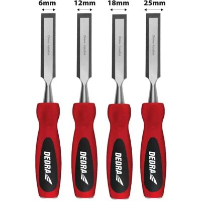 Dedra, Meissel, Meisselsatz 4-teilig: 6, 12, 18, 25 mm, CrV-Stahl, doppelt mattierter Griff Dedra, Meissel, Meisselsatz 4-teilig: 6, 12, 18, 25 mm, CrV-Stahl, doppelt mattierter Griff