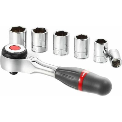Facom, Drehmomentschlüssel, 6-Punkt-Ratschen-Steckschlüsselsatz mit um 360° drehbarem Griff, 1/4" (1/4") Facom, Drehmomentschlüssel, 6-Punkt-Ratschen-Steckschlüsselsatz mit um 360° drehbarem Griff, 1/4" (1/4")