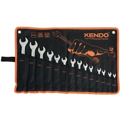 Kendo, Schraubenschlüssel, Ringmaulschlüsselsatz in Rolltasche 14-teilig (10 mm, 11 mm, 12 mm, 13 mm, 14 mm, 15 mm, 17 mm, 19 mm, 22 mm, 24 mm, 6 mm, 7 mm, 8 mm, 9 mm) Kendo, Schraubenschlüssel, Ringmaulschlüsselsatz in Rolltasche 14-teilig (10 mm, 11 mm, 12 mm, 13 mm, 14 mm, 15 mm, 17 mm, 19 mm, 22 mm, 24 mm, 6 mm, 7 mm, 8 mm, 9 mm)