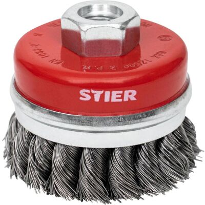 Stier, Schleifmittel, Topfbürste Ø 65 mm, M14, 0,35 mm, gezopft, Stahl Stier, Schleifmittel, Topfbürste Ø 65 mm, M14, 0,35 mm, gezopft, Stahl