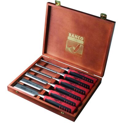 Bahco Beitel + Handhobel, Stechbeitelsatz mit gummiertem Griff 6-32 mm - 6-teilig/Holzkiste (32 mm) Bahco Beitel + Handhobel, Stechbeitelsatz mit gummiertem Griff 6-32 mm - 6-teilig/Holzkiste (32 mm)
