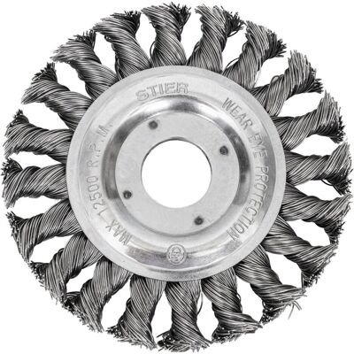 Stier, Schleifmittel, Rundbürste Ø 115 mm, Bohrungs-Ø 22,2 mm, 0,5 mm, gezopft, Stahl, Nutzhöhe 24 mm Stier, Schleifmittel, Rundbürste Ø 115 mm, Bohrungs-Ø 22,2 mm, 0,5 mm, gezopft, Stahl, Nutzhöhe 24 mm