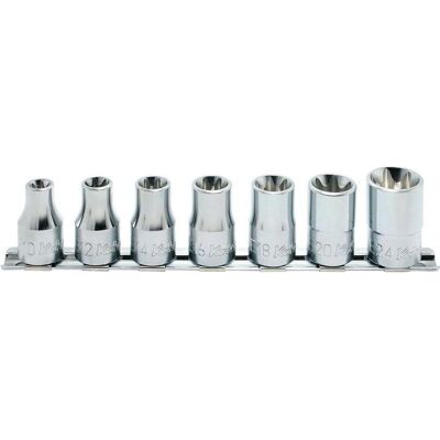 GCS, Steckschlüssel + Stecknuss, Ein Satz Steckdosen mit einer E-TORX-Innenspitze E10-E24 auf einem Metallstreifen GCS, Steckschlüssel + Stecknuss, Ein Satz Steckdosen mit einer E-TORX-Innenspitze E10-E24 auf einem Metallstreifen
