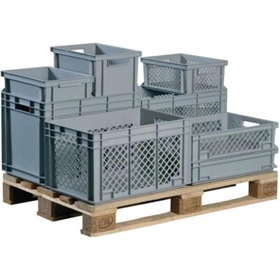 Lockweiler, Lagerbehälter, Transportstapelbehälter L600xB400xH280mm grau PP Durchfassgriff Seitenwände durchbrochen Lockweiler, Lagerbehälter, Transportstapelbehälter L600xB400xH280mm grau PP Durchfassgriff Seitenwände durchbrochen