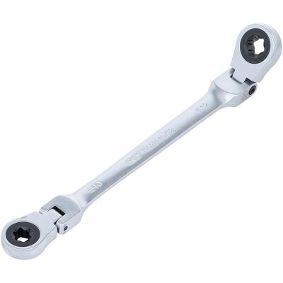 BGS, Schraubenschlüssel, Doppel-Ratschen-Ringschlüssel abwinkelbar mit E-Profil Ringköpfen SW E10 x E12 BGS, Schraubenschlüssel, Doppel-Ratschen-Ringschlüssel abwinkelbar mit E-Profil Ringköpfen SW E10 x E12