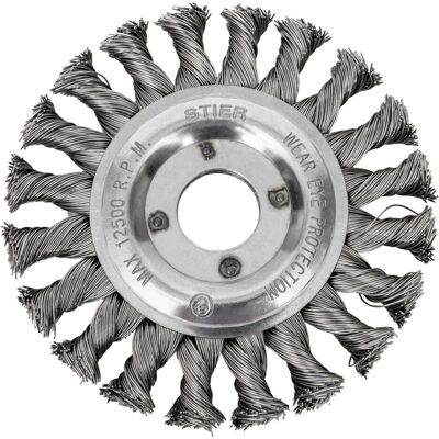 Stier, Schleifmittel, Rundbürste Ø 115 mm, Bohrungs-Ø 22,2 mm, 0,5 mm, gezopft, Edelstahl Stier, Schleifmittel, Rundbürste Ø 115 mm, Bohrungs-Ø 22,2 mm, 0,5 mm, gezopft, Edelstahl