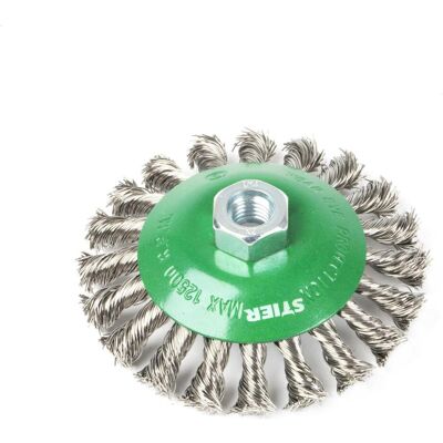 Stier, Schleifmittel, Kegelbürste Ø 115 mm, M14, 0,5 mm, gezopft, Edelstahl V2A Stier, Schleifmittel, Kegelbürste Ø 115 mm, M14, 0,5 mm, gezopft, Edelstahl V2A