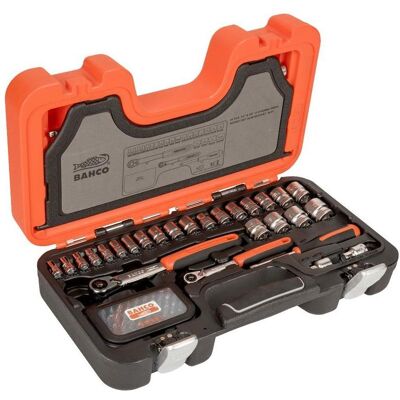 Bahco Steckschlüssel + Stecknuss, Steckschlüssel-Satz 1/4" und 3/8", metrisch, Sechskantprofil, Vierkantantrieb, inklusive Umschalt (1/4") Bahco Steckschlüssel + Stecknuss, Steckschlüssel-Satz 1/4" und 3/8", metrisch, Sechskantprofil, Vierkantantrieb, inklusive Umschalt (1/4")