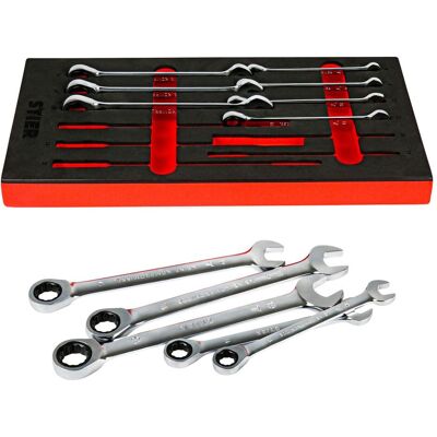Stier, Schraubenschlüssel, Maul-Ringratschenschlüssel-Satz, SW 8 - 19 mm, 12-teilig, in Weichschaumeinlage (EVA) (10 mm, 11 mm, 12 mm, 13 mm, 14 mm, 15 mm, 16 mm, 17 mm, 18 mm, 19 mm, 8 mm, 9 mm) Stier, Schraubenschlüssel, Maul-Ringratschenschlüssel-Satz, SW 8 - 19 mm, 12-teilig, in Weichschaumeinlage (EVA) (10 mm, 11 mm, 12 mm, 13 mm, 14 mm, 15 mm, 16 mm, 17 mm, 18 mm, 19 mm, 8 mm, 9 mm)