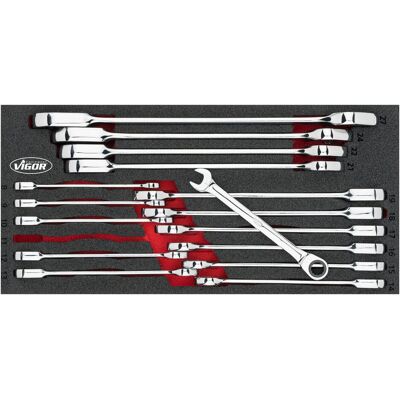 Vigor, Schraubenschlüssel, W-Einlage 1/3+Ratschenringmaulschluessel (10 mm, 19 mm, 8 mm) Vigor, Schraubenschlüssel, W-Einlage 1/3+Ratschenringmaulschluessel (10 mm, 19 mm, 8 mm)
