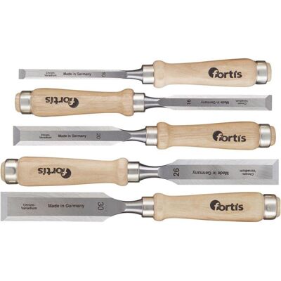 Fortis Beitel + Handhobel, Stechbeitel Satz mit Holzheft 5 Teile im Karton Fortis Beitel + Handhobel, Stechbeitel Satz mit Holzheft 5 Teile im Karton