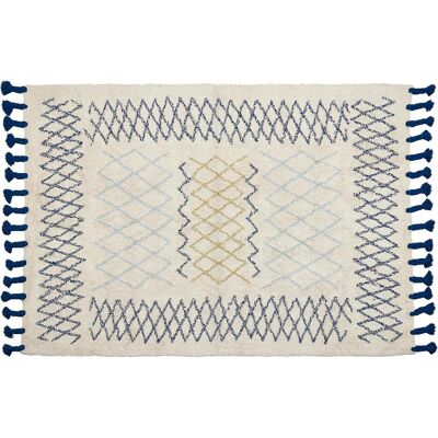 Beliani Baumwolle Teppich - 140x200cm Geometrisches Muster Beige & Blau Beliani Baumwolle Teppich - 140x200cm Geometrisches Muster Beige & Blau