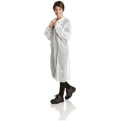 Top Swede, Arbeitsjacke, PP-Kittel, 40 Gr/qm, 4 Druckknöpfe, Kragen, Armgum weiss, CE CAT.I, VE: 50 Stück (L) Top Swede, Arbeitsjacke, PP-Kittel, 40 Gr/qm, 4 Druckknöpfe, Kragen, Armgum weiss, CE CAT.I, VE: 50 Stück (L)