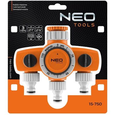 Neo, Bewässerungssystem, 3-Ventil-Verteiler, 2 Ausgänge mit Blockierung, einer mit Zeitschaltuhr (Bewässerungsuhr) Neo, Bewässerungssystem, 3-Ventil-Verteiler, 2 Ausgänge mit Blockierung, einer mit Zeitschaltuhr (Bewässerungsuhr)