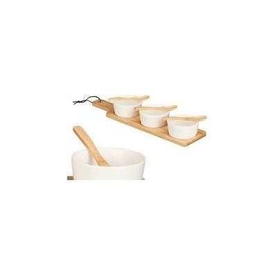 Kinvara, Serviergeschirr, Set aus 3 weissen Keramikschalen, Löffel und Bambus Kinvara, Serviergeschirr, Set aus 3 weissen Keramikschalen, Löffel und Bambus