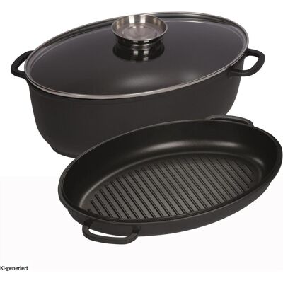 Kelomat Bräter oval 3-teilig, 8L, Pfanne + Kochtopf, Silber Kelomat Bräter oval 3-teilig, 8L, Pfanne + Kochtopf, Silber