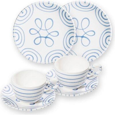 Gmundner Keramik, Geschirrset, Blaugeflammt Frühstück für 2 Cup Gmundner Keramik, Geschirrset, Blaugeflammt Frühstück für 2 Cup