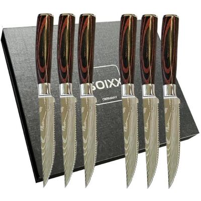 Soixx Steakmesser 6-teilig Set, Edelstahl, Gezackte Klinge, Holzgriff, Geschenkbox, Besteck Soixx Steakmesser 6-teilig Set, Edelstahl, Gezackte Klinge, Holzgriff, Geschenkbox, Besteck