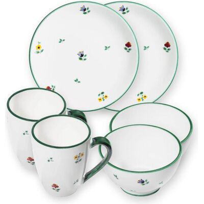 Gmundner Keramik, Geschirrset, Streublumen, Hüttenfrühstück Cup f.2 P.(6tlg) Gmundner Keramik, Geschirrset, Streublumen, Hüttenfrühstück Cup f.2 P.(6tlg)