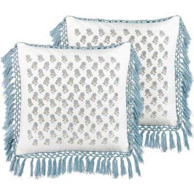 Beliani, Dekokissen, Dekokissen Pflanzenmuster Baumwolle weiss/blau mit Fransen 45 x 45 cm 2er Set PALLIDA (45 x 45 cm) Beliani, Dekokissen, Dekokissen Pflanzenmuster Baumwolle weiss/blau mit Fransen 45 x 45 cm 2er Set PALLIDA (45 x 45 cm)