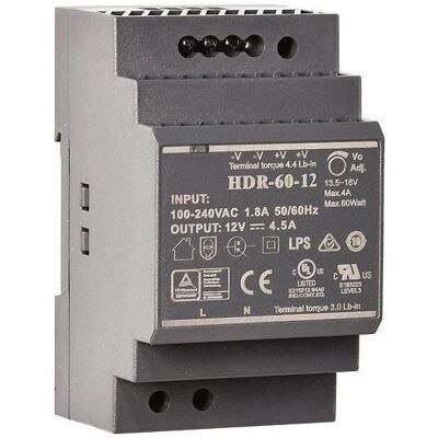 Indexa, Systemstromversorgung, HDR6012 Hutschienen-Netzteil 54W 12V/4,5A Indexa, Systemstromversorgung, HDR6012 Hutschienen-Netzteil 54W 12V/4,5A
