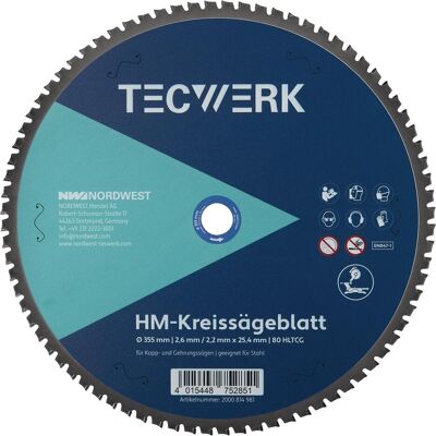 Tecwerk, Sägeblatt, Handkreissägeblatt Aussen-Ø 355 mm Zähnezahl 80 HLTCG Bohrung 25,4 mm Schnittbreite 2.6 mm Tecwerk, Sägeblatt, Handkreissägeblatt Aussen-Ø 355 mm Zähnezahl 80 HLTCG Bohrung 25,4 mm Schnittbreite 2.6 mm