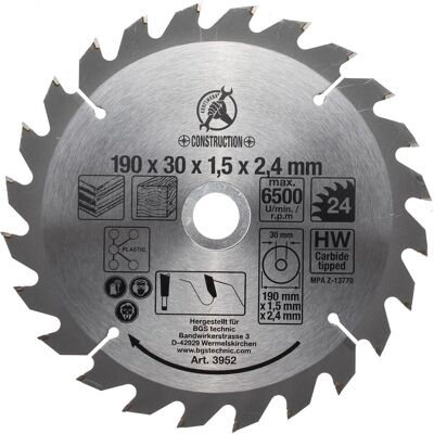 BGS, Sägeblatt, Hartmetall-Kreissägeblatt Ø 190 x 30 x 2,5 mm 24 Zähne BGS, Sägeblatt, Hartmetall-Kreissägeblatt Ø 190 x 30 x 2,5 mm 24 Zähne
