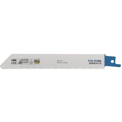 Tecwerk, Sägeblatt, Säbelsägeblatt Länge 150 mm Breite 19 mm Zahnteilung TPI 24 1 mm gefräst, gewellt Tecwerk, Sägeblatt, Säbelsägeblatt Länge 150 mm Breite 19 mm Zahnteilung TPI 24 1 mm gefräst, gewellt