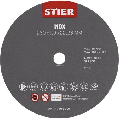 Stier, Sägeblatt, Trennscheibe 230 x 1,9 x 22,23 gerade Inox/Edelstahl Stier, Sägeblatt, Trennscheibe 230 x 1,9 x 22,23 gerade Inox/Edelstahl