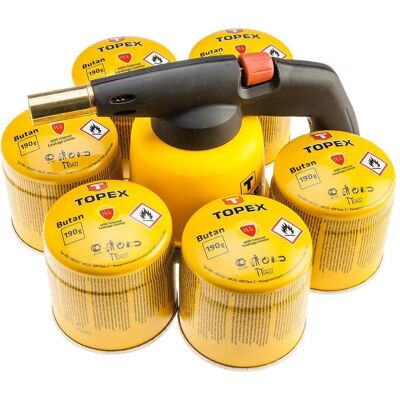 Topex, Lötgerät, Gaslampe für Gaskartuschen + 6 Gaskartuschen mit Ventil (Lötlampe) Topex, Lötgerät, Gaslampe für Gaskartuschen + 6 Gaskartuschen mit Ventil (Lötlampe)