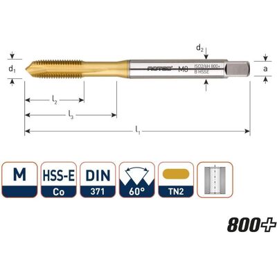 Rotec, Gewindeschneider + Gewindebohrer, 330.1000T HSS-E 800 Maschinengewindebohrer DL DIN 371B M10x1,5 TiN Rotec, Gewindeschneider + Gewindebohrer, 330.1000T HSS-E 800 Maschinengewindebohrer DL DIN 371B M10x1,5 TiN