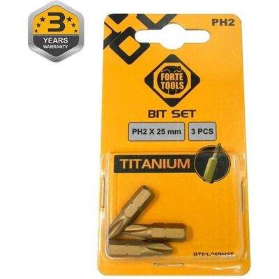 Forte tools, Bits, Titanium Screwdriver Bit Ph2x25mm 3pcs (Kreuz Phillips PH) Forte tools, Bits, Titanium Screwdriver Bit Ph2x25mm 3pcs (Kreuz Phillips PH)