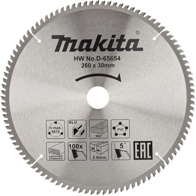 Makita, Sägeblatt, Afkortzaagblad voor Multimaterial Standaard Ø 260mm Asgat 30mm 100T - D-65654 (D-65654) Makita, Sägeblatt, Afkortzaagblad voor Multimaterial Standaard Ø 260mm Asgat 30mm 100T - D-65654 (D-65654)