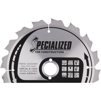 Makita, Sägeblatt, B-13699 TCT-Säge 235X2.8X30mm 20° T16 SPEZIELL für den Bau Makita, Sägeblatt, B-13699 TCT-Säge 235X2.8X30mm 20° T16 SPEZIELL für den Bau