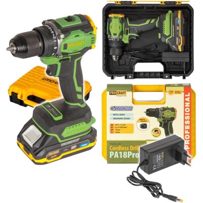 Procraft, Bohrmaschine + Akkuschrauber, PA18Pro Akku Bohrschrauber 20 V 30 Nm Brushless + 1x Akku 1,5 Ah + Ladegerät + Koffer (Bohrschrauber) Procraft, Bohrmaschine + Akkuschrauber, PA18Pro Akku Bohrschrauber 20 V 30 Nm Brushless + 1x Akku 1,5 Ah + Ladegerät + Koffer (Bohrschrauber)