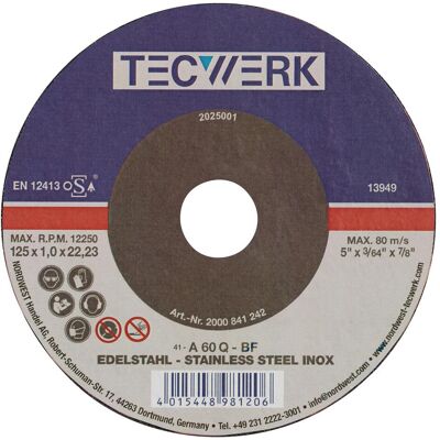 Tecwerk, Sägeblatt, Trennscheibe INOX D115x1mm gerade INOX Bohrung 22,23 mm Tecwerk, Sägeblatt, Trennscheibe INOX D115x1mm gerade INOX Bohrung 22,23 mm
