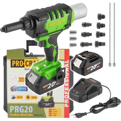 Procraft, Tacker + Nagelpistole, PRG20 Akku Blindnietpistole 20 V 10 kN 2,4 - 6 mm Brushless + 2x Akku 4,0 Ah + Ladegerät + Procraft, Tacker + Nagelpistole, PRG20 Akku Blindnietpistole 20 V 10 kN 2,4 - 6 mm Brushless + 2x Akku 4,0 Ah + Ladegerät +