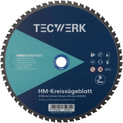 Tecwerk, Sägeblatt, Handkreissägeblatt Aussen-Ø 305 mm Zähnezahl 60 HLTCG Bohrung 25,4 mm Schnittbreite 2.6 mm Tecwerk, Sägeblatt, Handkreissägeblatt Aussen-Ø 305 mm Zähnezahl 60 HLTCG Bohrung 25,4 mm Schnittbreite 2.6 mm