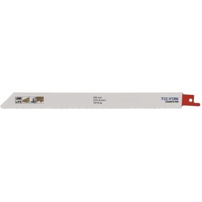 Tecwerk, Sägeblatt, Säbelsägeblatt Länge 225 mm Breite 19 mm Zahnteilung TPI 10/14 2,5/1,8 mm gefräst, geschränkt Tecwerk, Sägeblatt, Säbelsägeblatt Länge 225 mm Breite 19 mm Zahnteilung TPI 10/14 2,5/1,8 mm gefräst, geschränkt