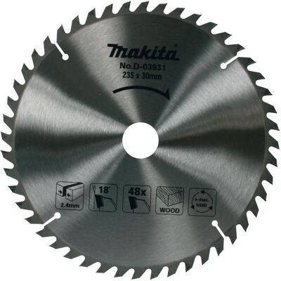 Makita, Sägeblatt, D-03931 Hartmetallsäge 235 x 2,4 x 30 mm 18° T48 Standardholz Makita, Sägeblatt, D-03931 Hartmetallsäge 235 x 2,4 x 30 mm 18° T48 Standardholz