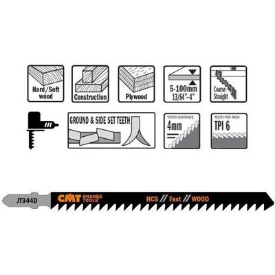 CMT, Sägeblatt, JT344D-5 Stichsägeblätter HCS T-Cut Dickes, weiches Holz 5 Stück CMT, Sägeblatt, JT344D-5 Stichsägeblätter HCS T-Cut Dickes, weiches Holz 5 Stück