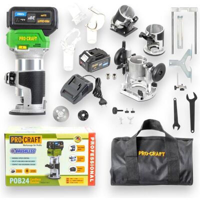 Procraft, Fräse, POB24-1B-F Akku Multifunktionsfräse 20 V 6 / 8 mm Brushless + 1x Akku 4,0 Ah + Ladegerät + (Kantenfräse, Oberfräse) Procraft, Fräse, POB24-1B-F Akku Multifunktionsfräse 20 V 6 / 8 mm Brushless + 1x Akku 4,0 Ah + Ladegerät + (Kantenfräse, Oberfräse)